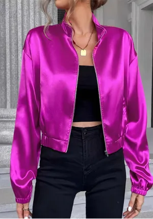 Vibrant Satin Zipper Jacket with Long Sleeves and Cropped Fit