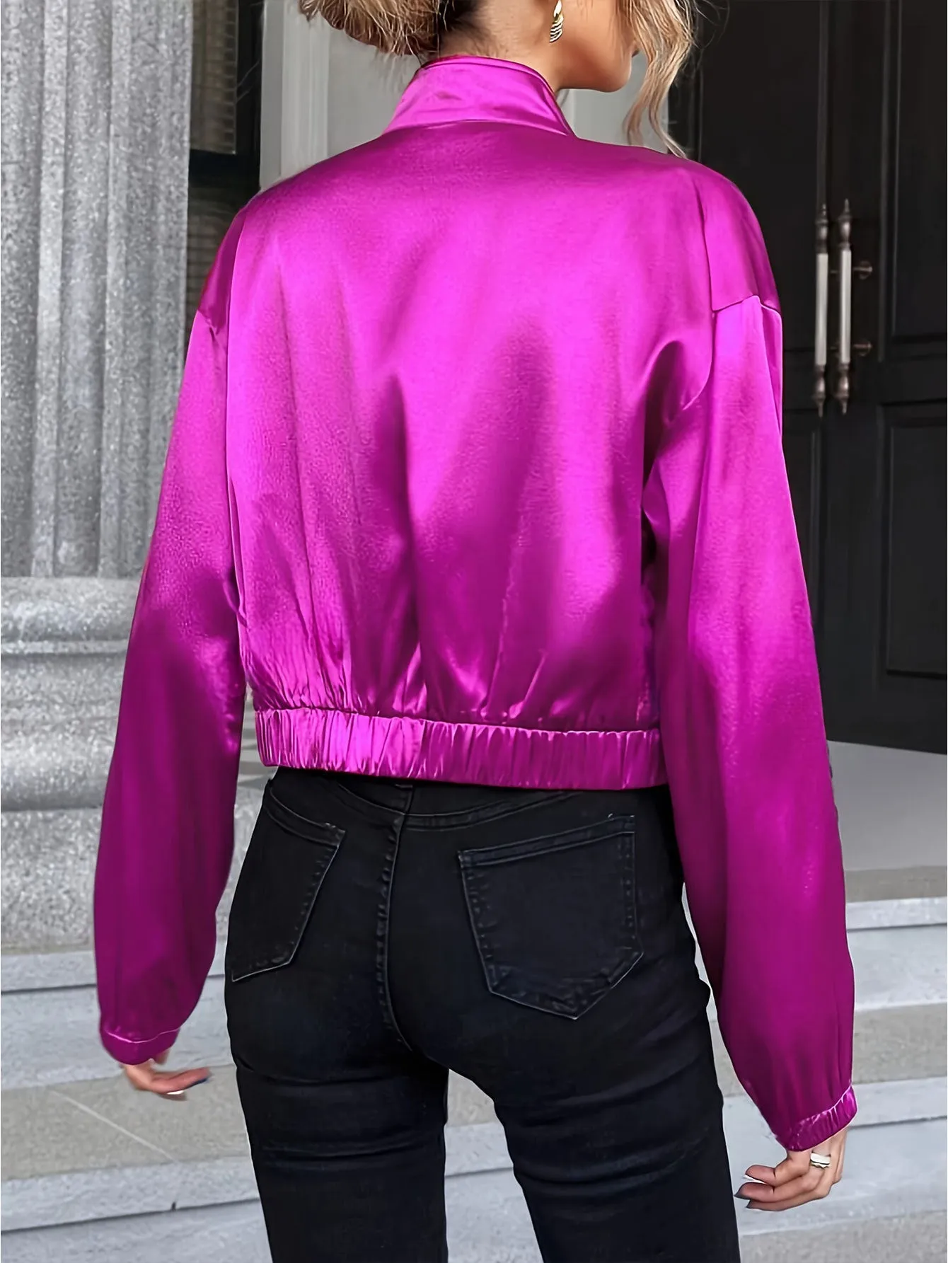 Vibrant Satin Zipper Jacket with Long Sleeves and Cropped Fit