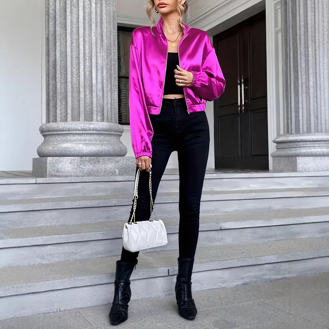 Vibrant Satin Zipper Jacket with Long Sleeves and Cropped Fit