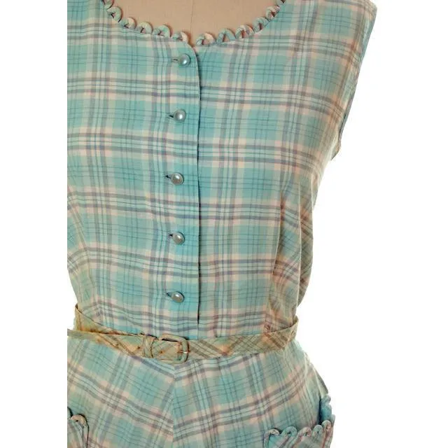Vintage Housedress Pale Blue Plaid 1950s Cotton Medium