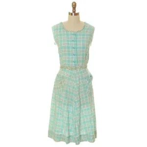 Vintage Housedress Pale Blue Plaid 1950s Cotton Medium