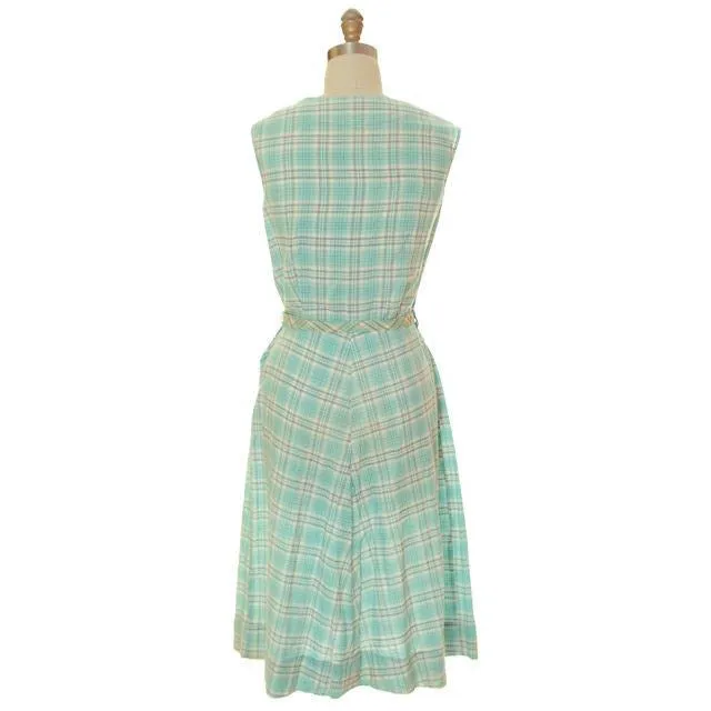 Vintage Housedress Pale Blue Plaid 1950s Cotton Medium