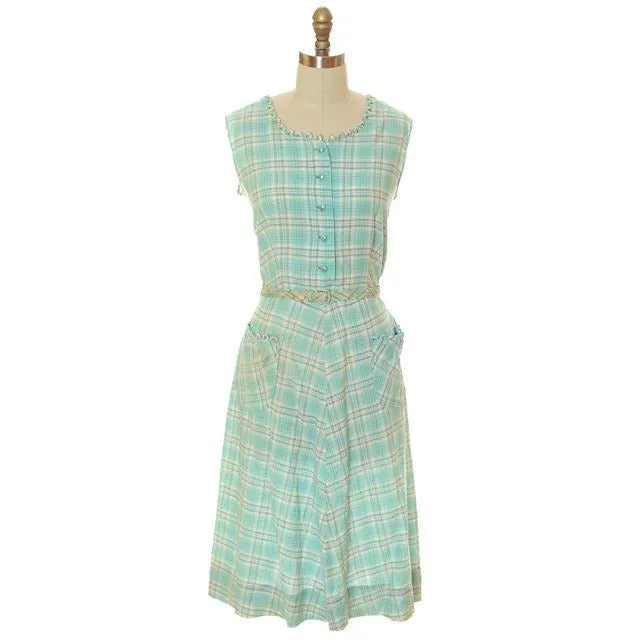 Vintage Housedress Pale Blue Plaid 1950s Cotton Medium