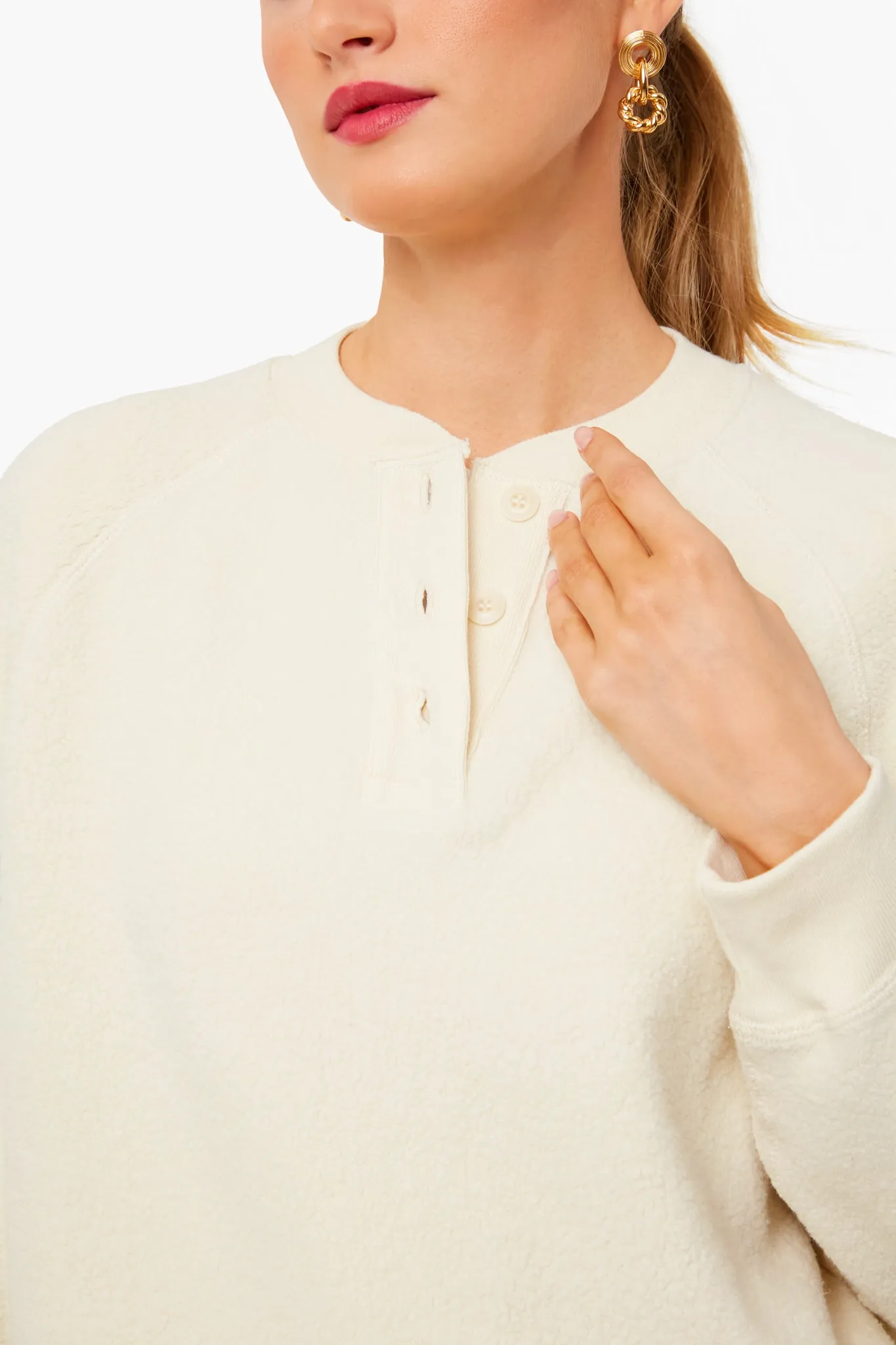Washed White Fleece Slouch Henley Sweatshirt