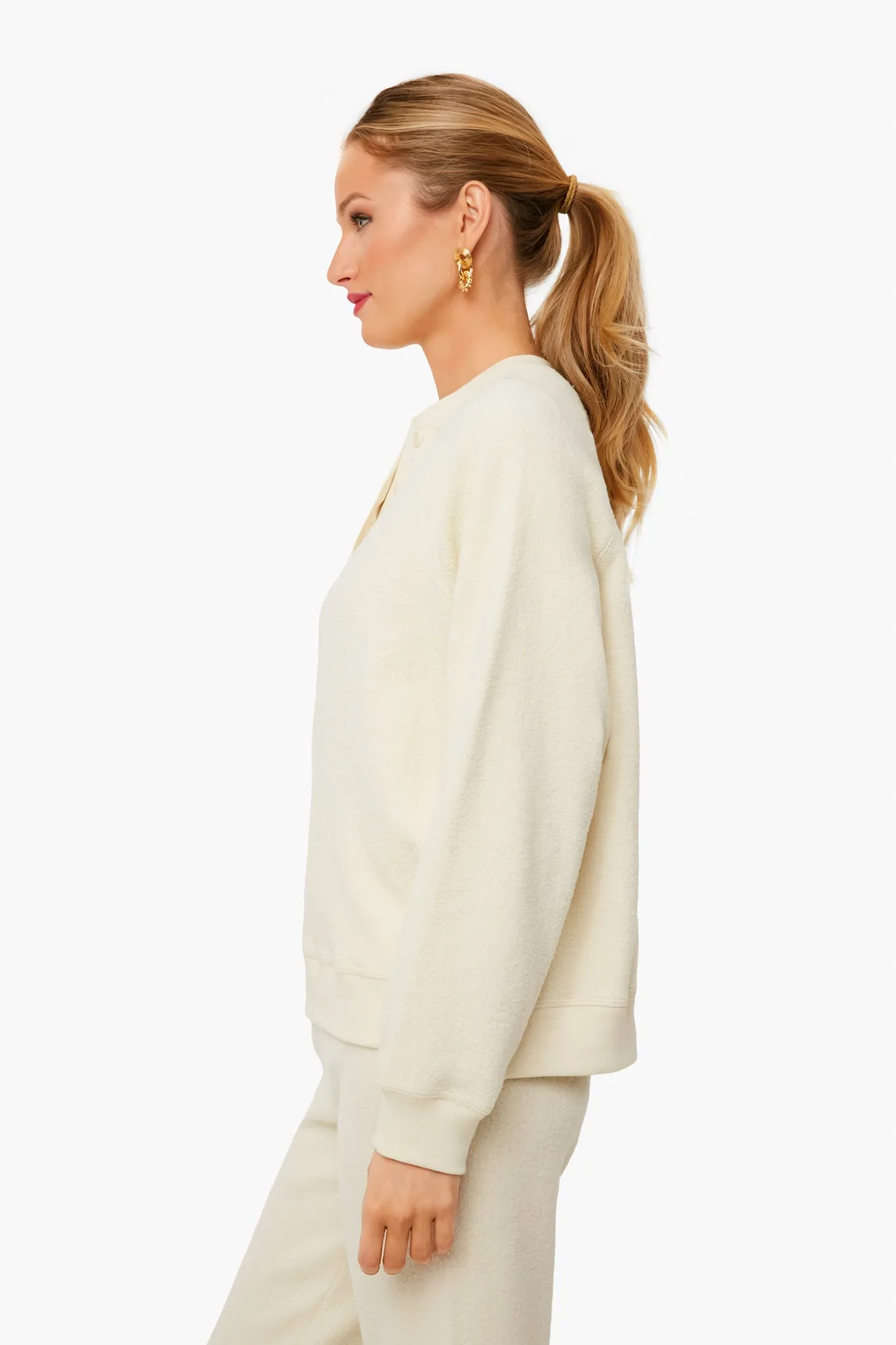 Washed White Fleece Slouch Henley Sweatshirt
