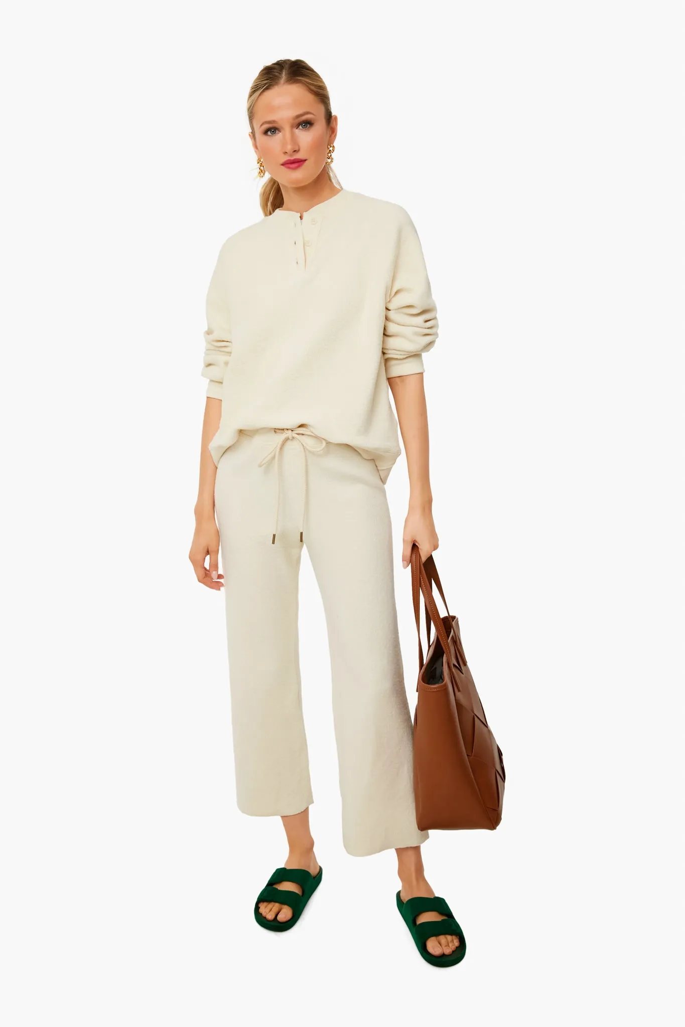 Washed White Fleece Slouch Henley Sweatshirt