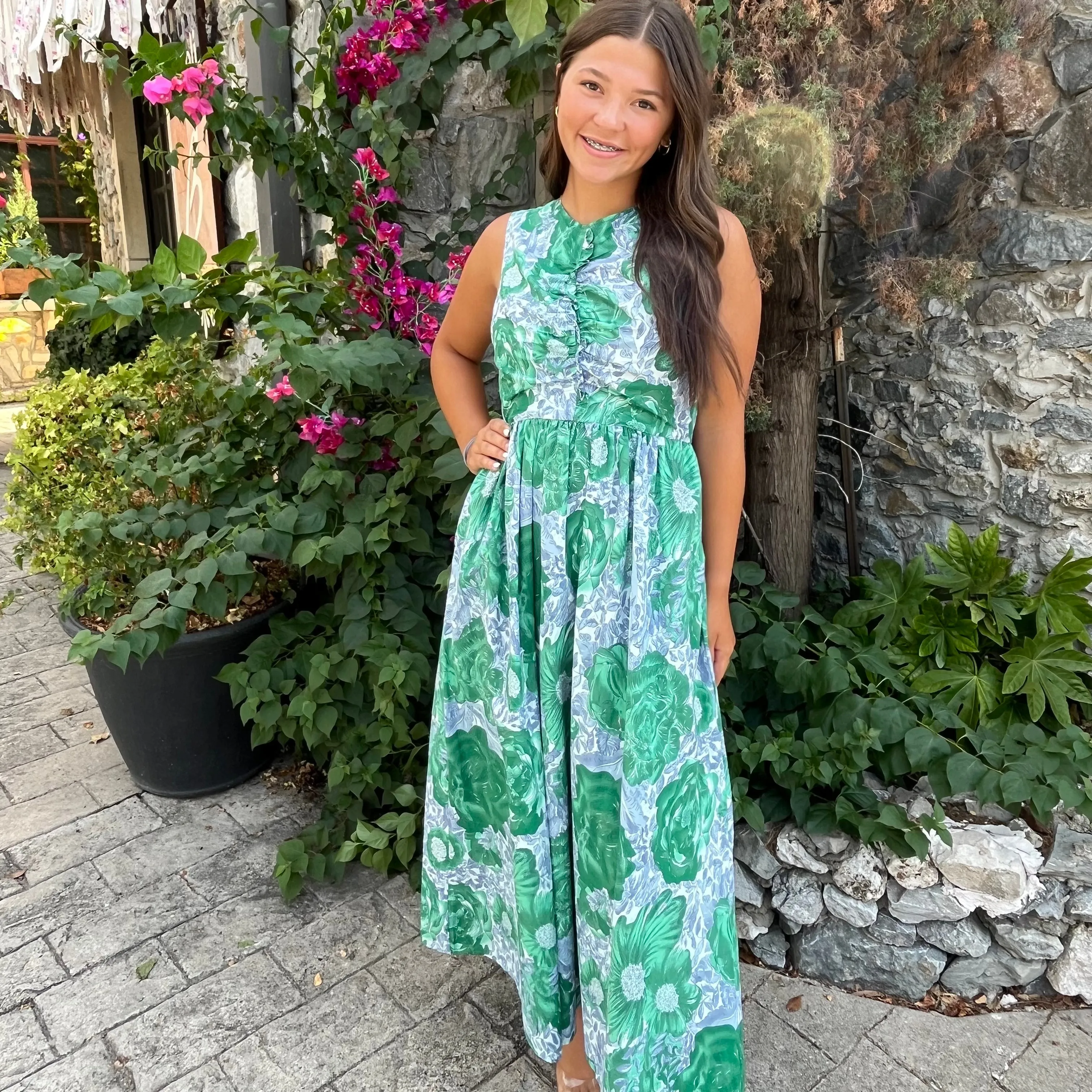 Water Lily Blue Green Floral Sleeveless Midi Dress-FINAL SALE