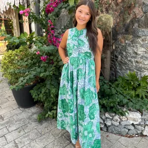 Water Lily Blue Green Floral Sleeveless Midi Dress-FINAL SALE