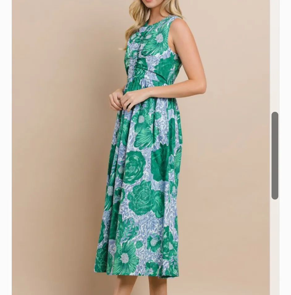 Water Lily Blue Green Floral Sleeveless Midi Dress-FINAL SALE