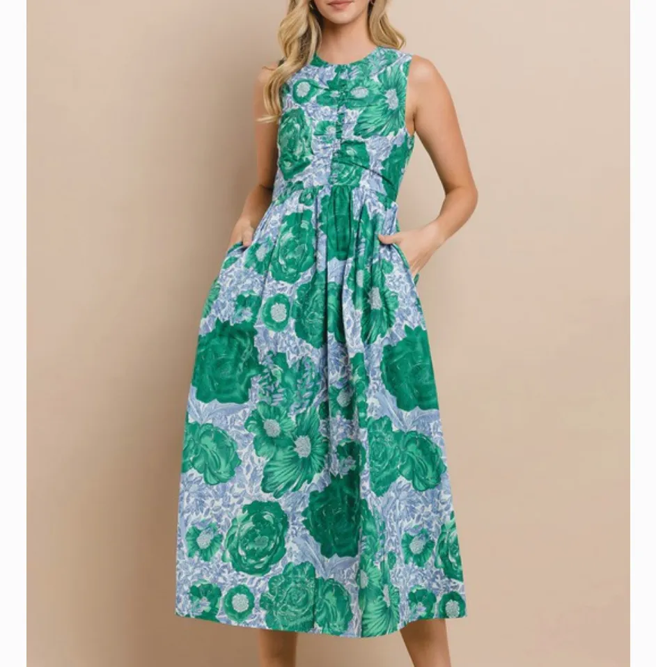 Water Lily Blue Green Floral Sleeveless Midi Dress-FINAL SALE