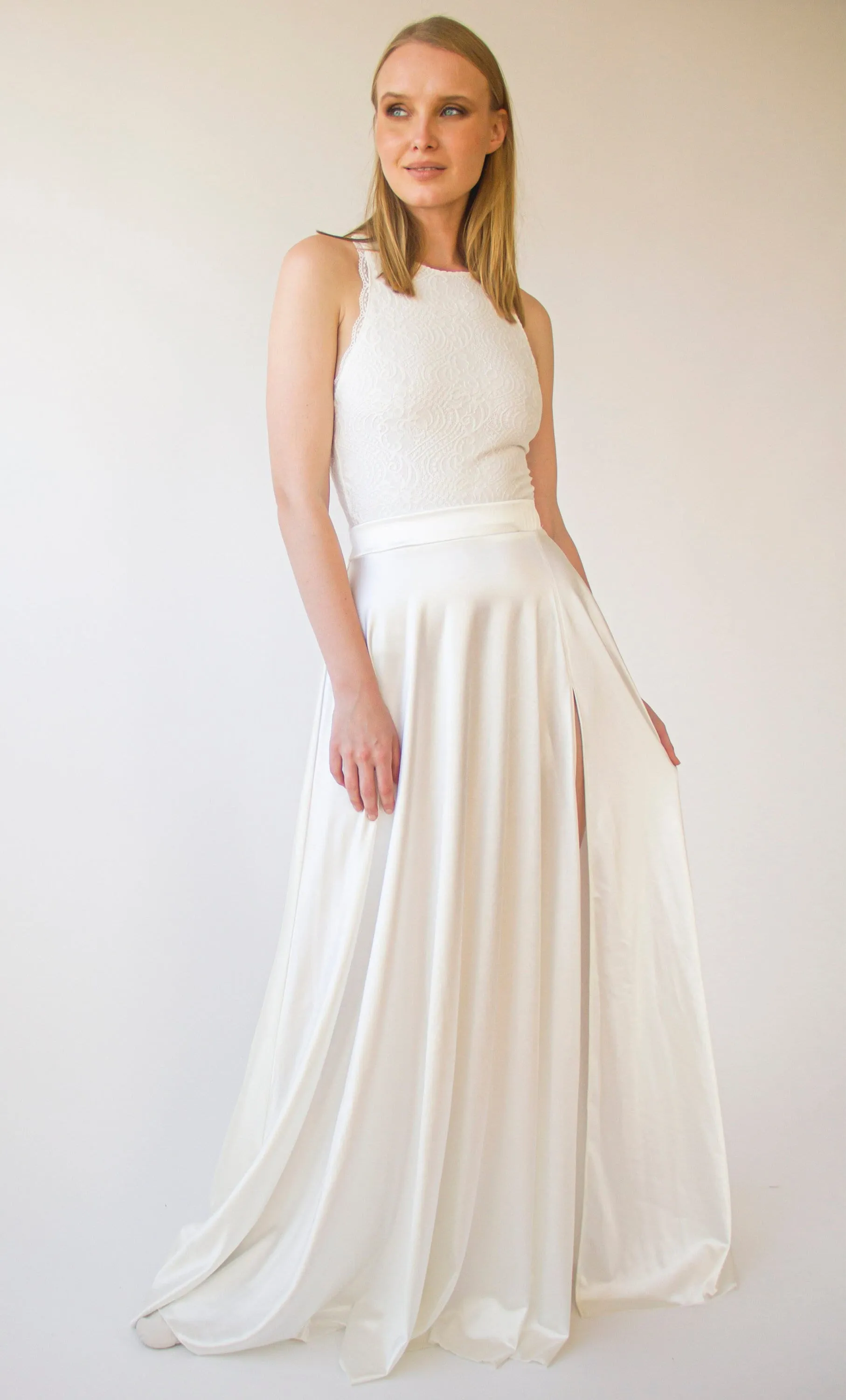 Wedding Dress Separates, Two Piece wedding outfit, Silky Wedding Maxi Skirt and Lace Halter neckline cropped Top #1419