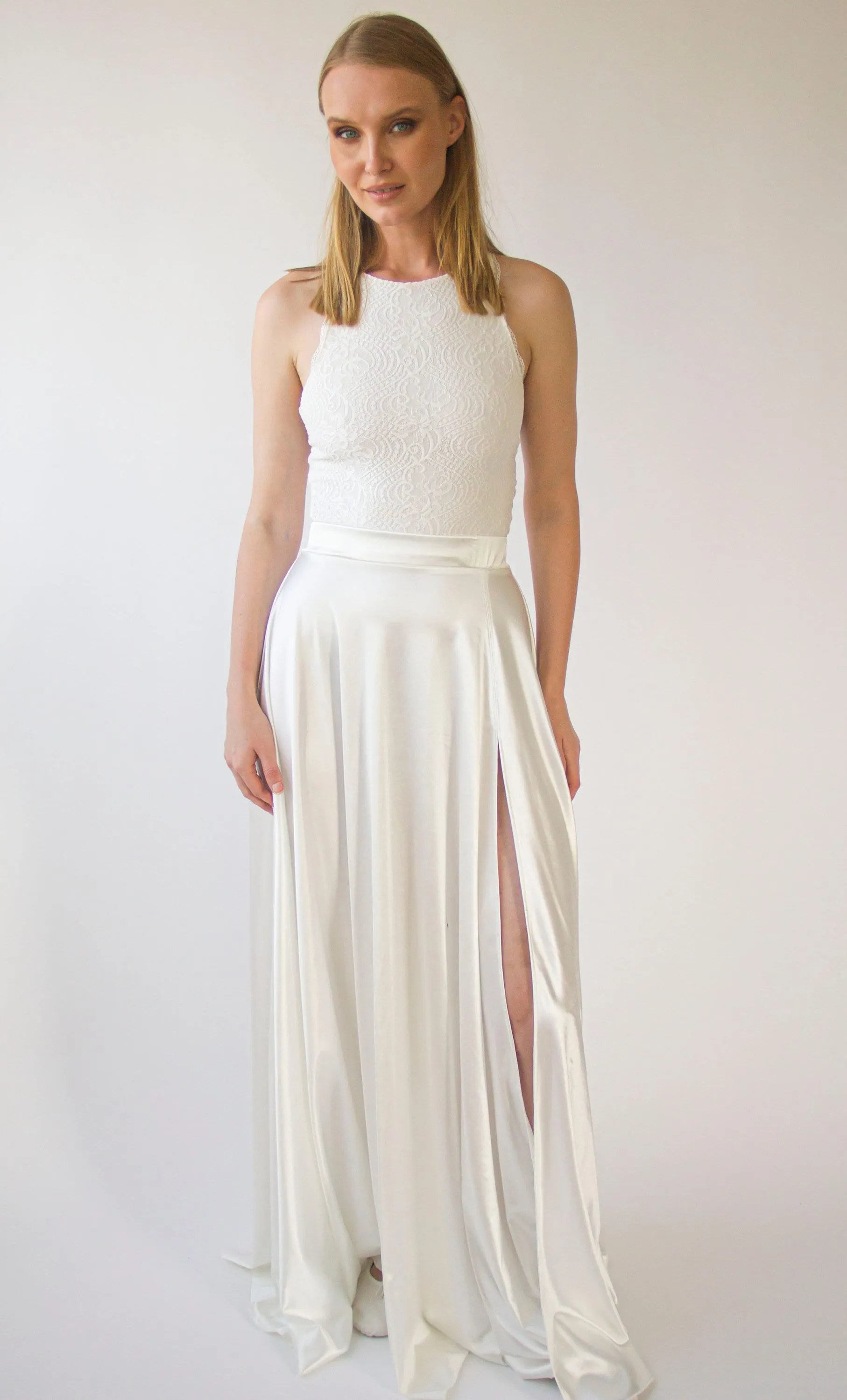 Wedding Dress Separates, Two Piece wedding outfit, Silky Wedding Maxi Skirt and Lace Halter neckline cropped Top #1419