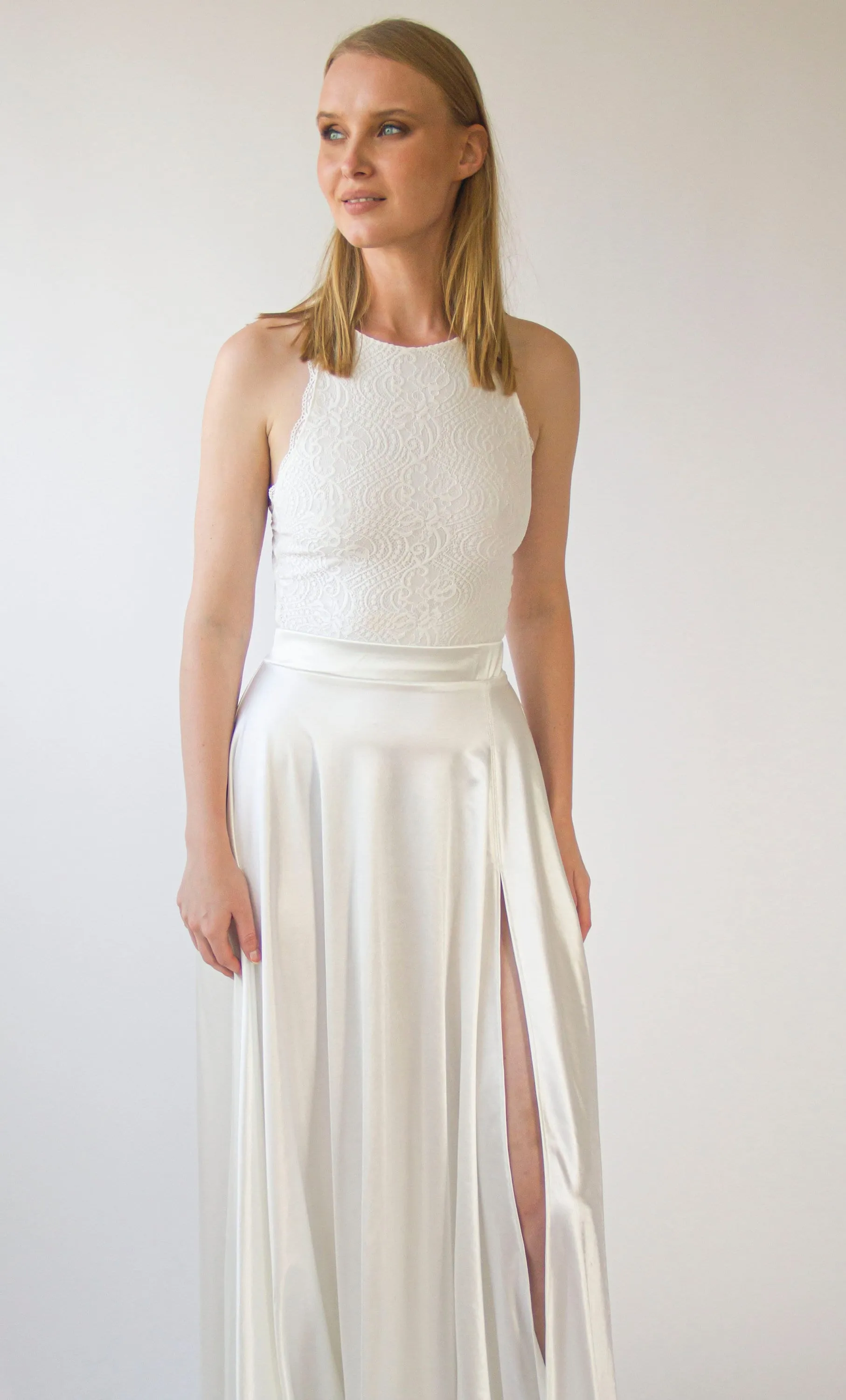 Wedding Dress Separates, Two Piece wedding outfit, Silky Wedding Maxi Skirt and Lace Halter neckline cropped Top #1419