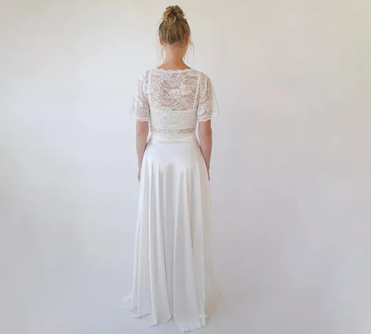 Wedding Dress Separates, Two Piece wedding outfit, Silky Wedding Maxi Skirt and Lace Halter neckline cropped Top #1419