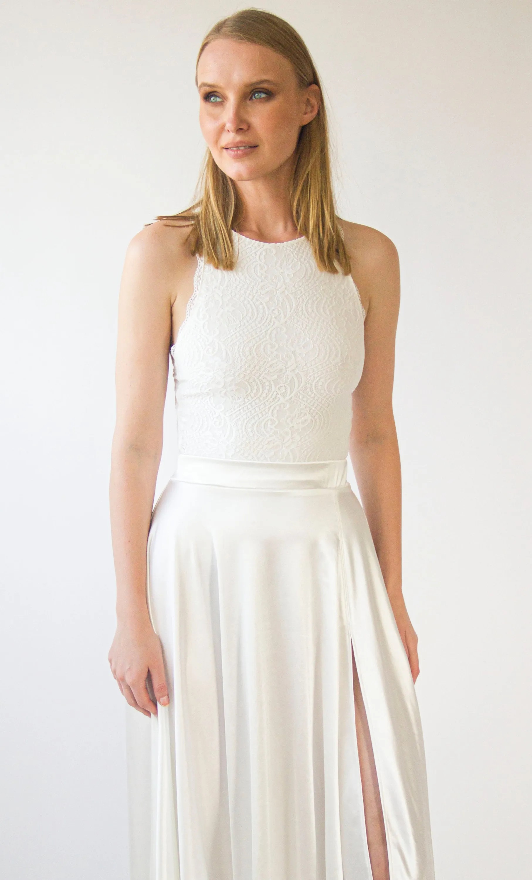 Wedding Dress Separates, Two Piece wedding outfit, Silky Wedding Maxi Skirt and Lace Halter neckline cropped Top #1419