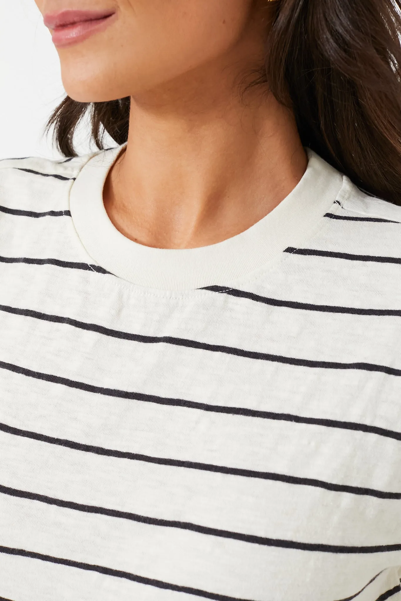 White and Black Stripe Heavy Slub Boxy Crew Crop Tee