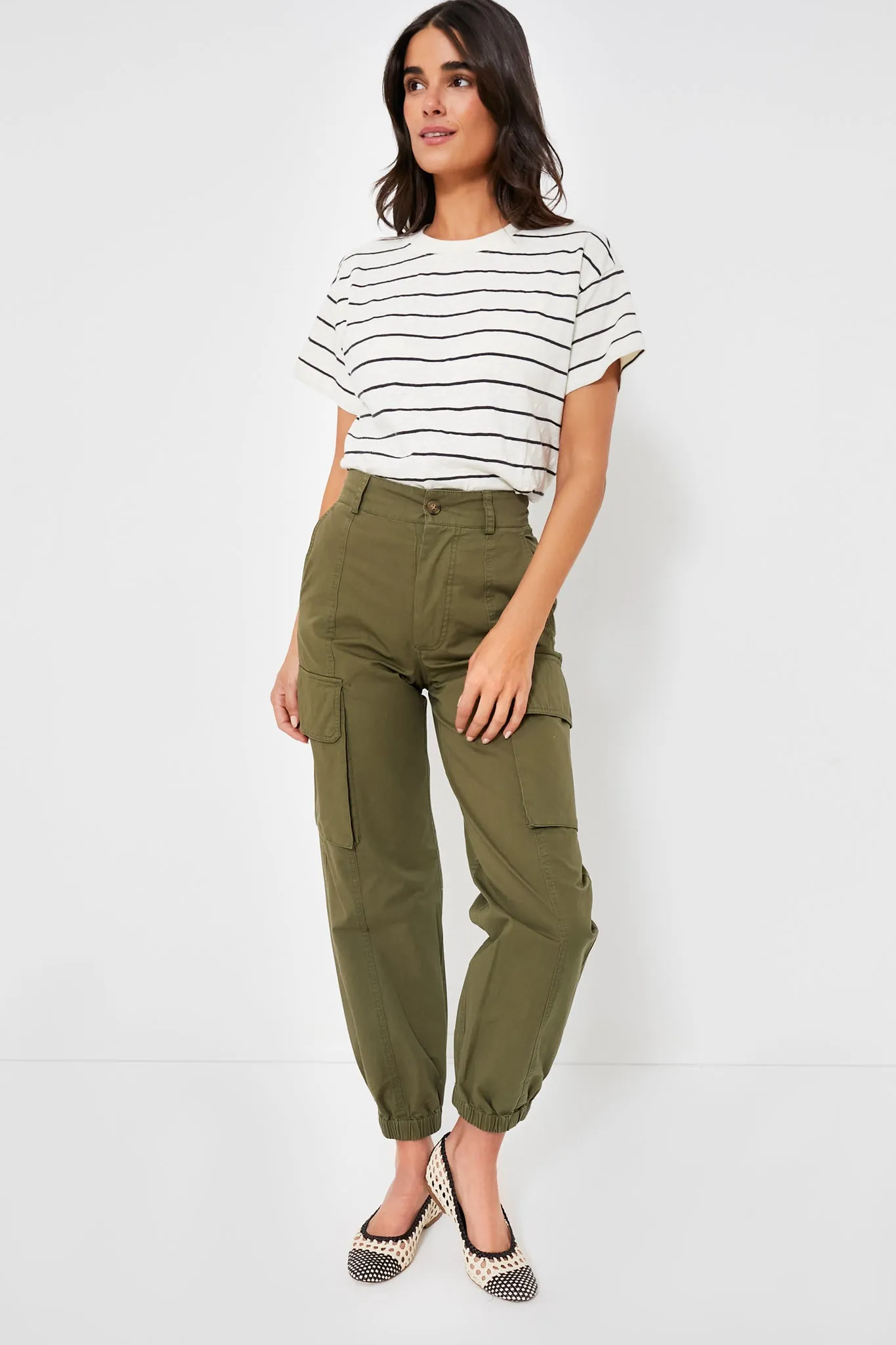 White and Black Stripe Heavy Slub Boxy Crew Crop Tee