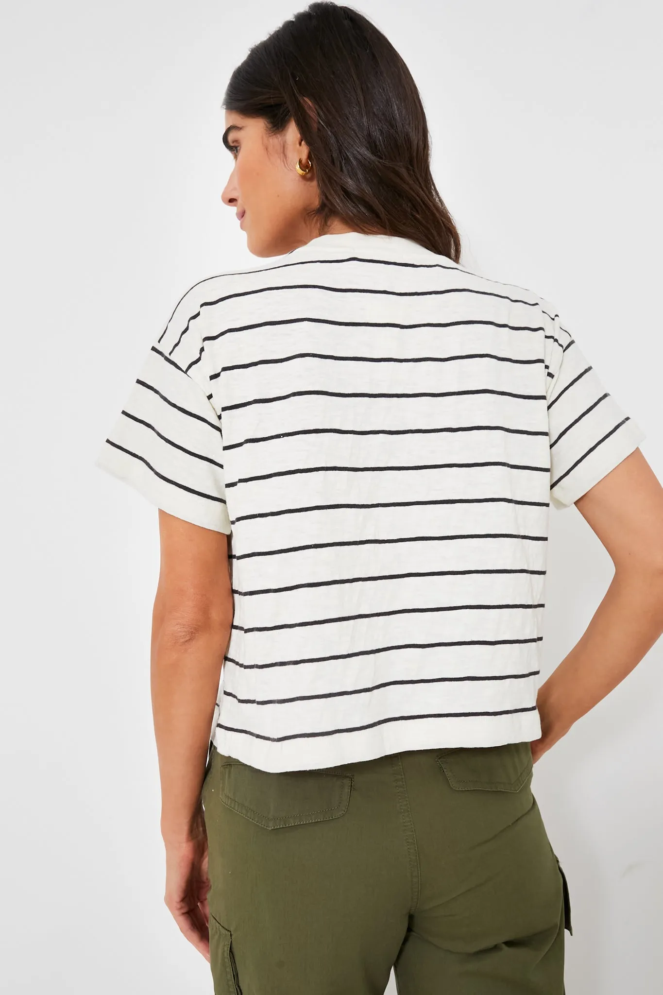 White and Black Stripe Heavy Slub Boxy Crew Crop Tee