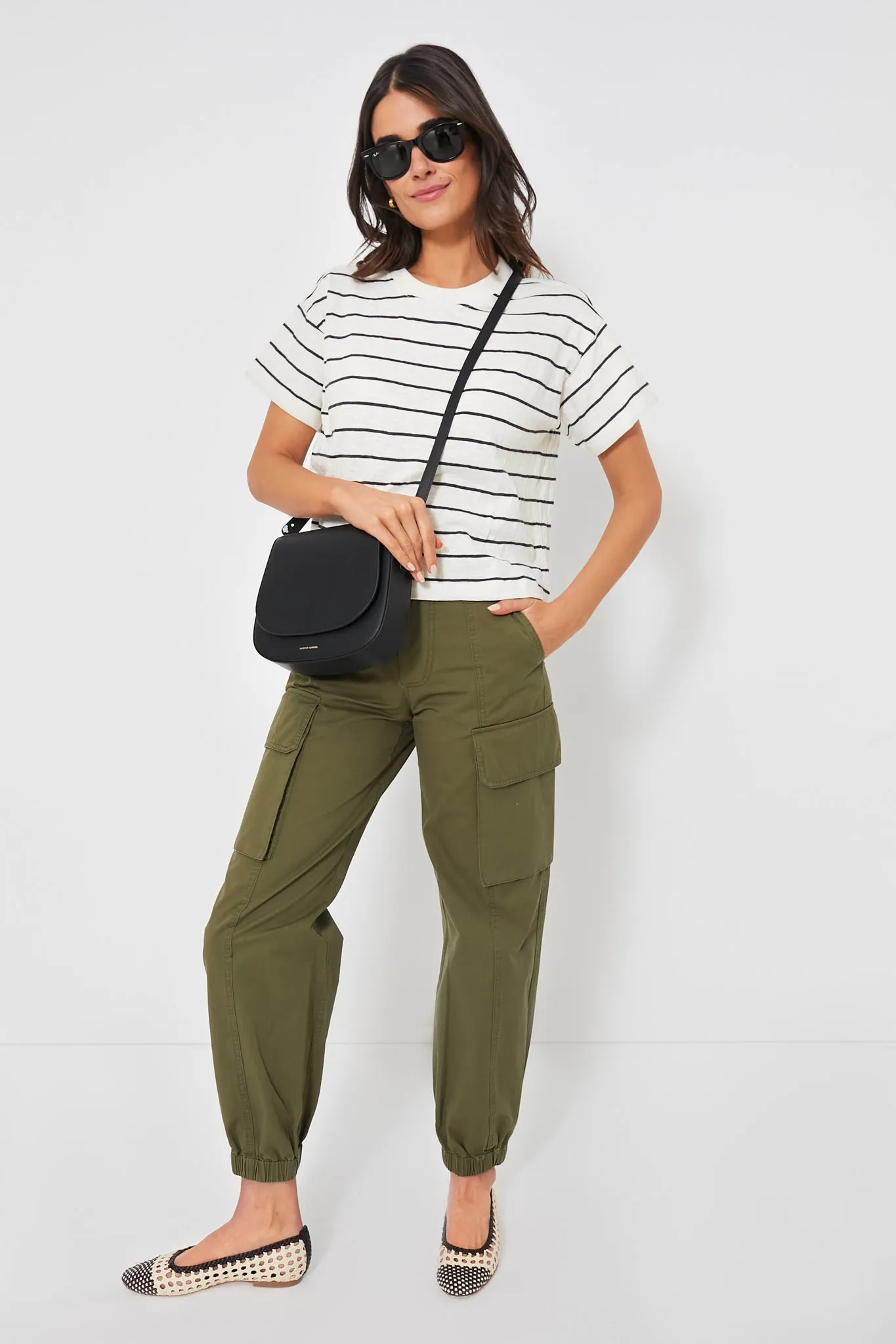 White and Black Stripe Heavy Slub Boxy Crew Crop Tee