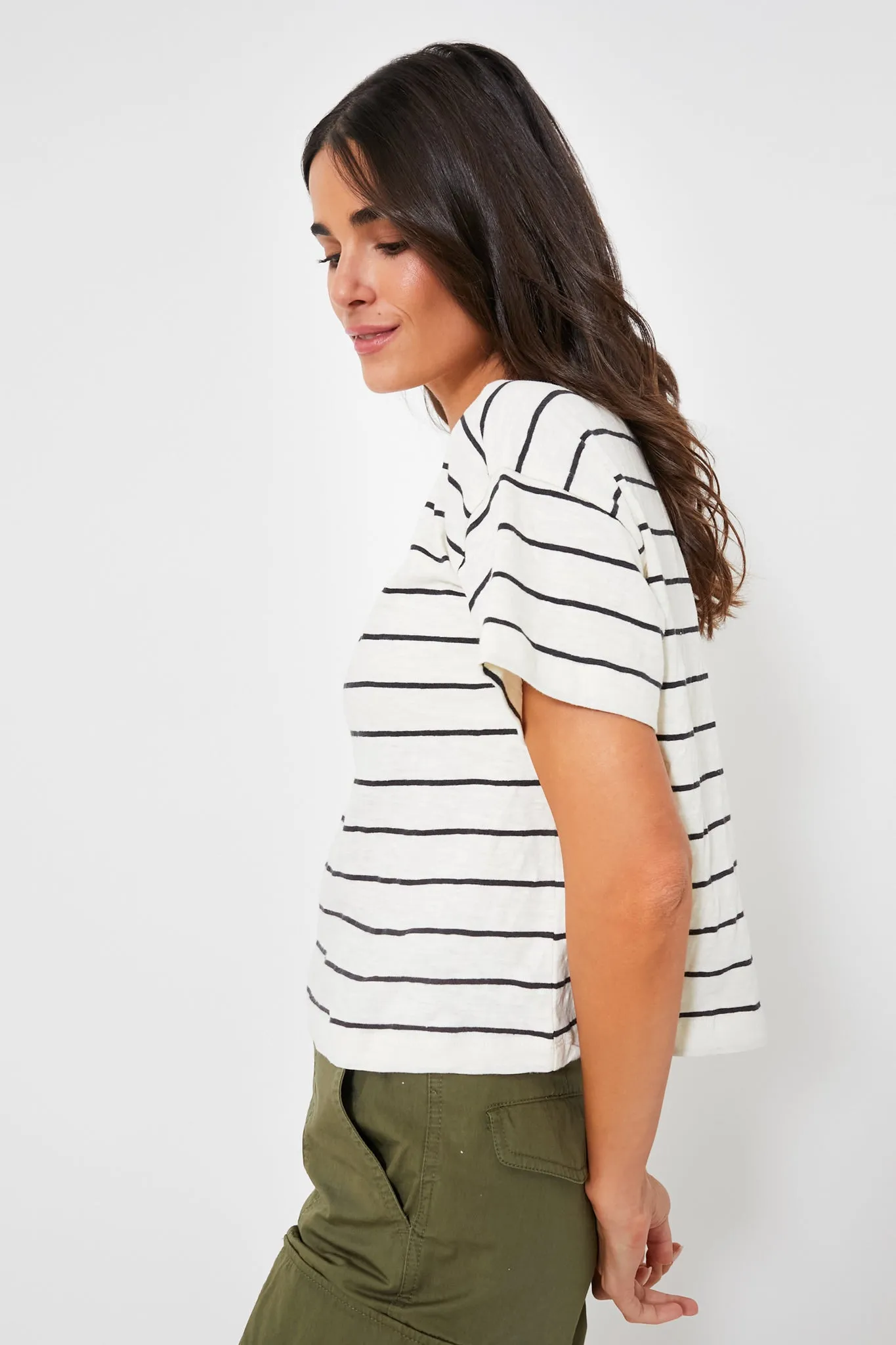 White and Black Stripe Heavy Slub Boxy Crew Crop Tee