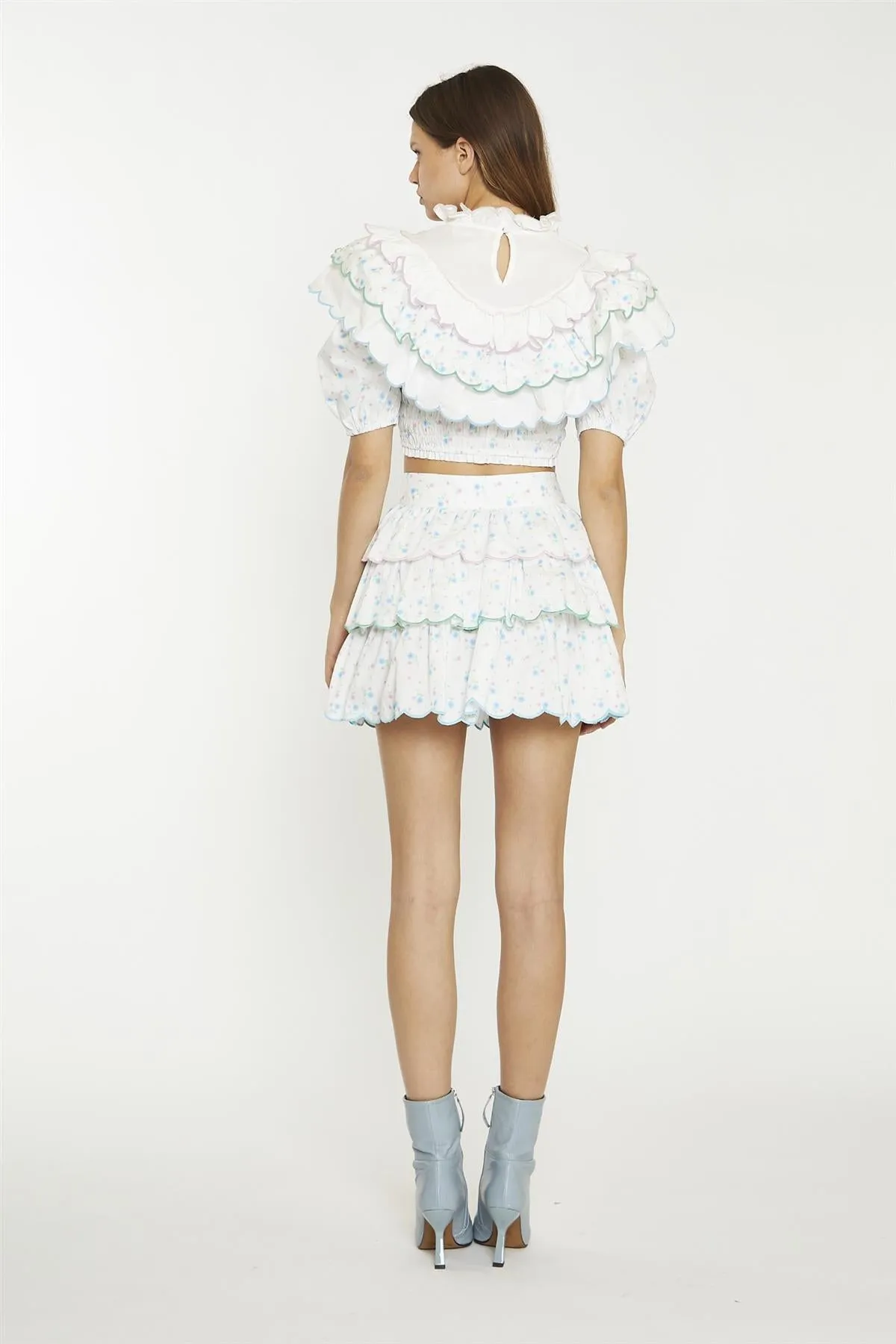 White Blue Pink Ditsy Tiered Mini-Skirt