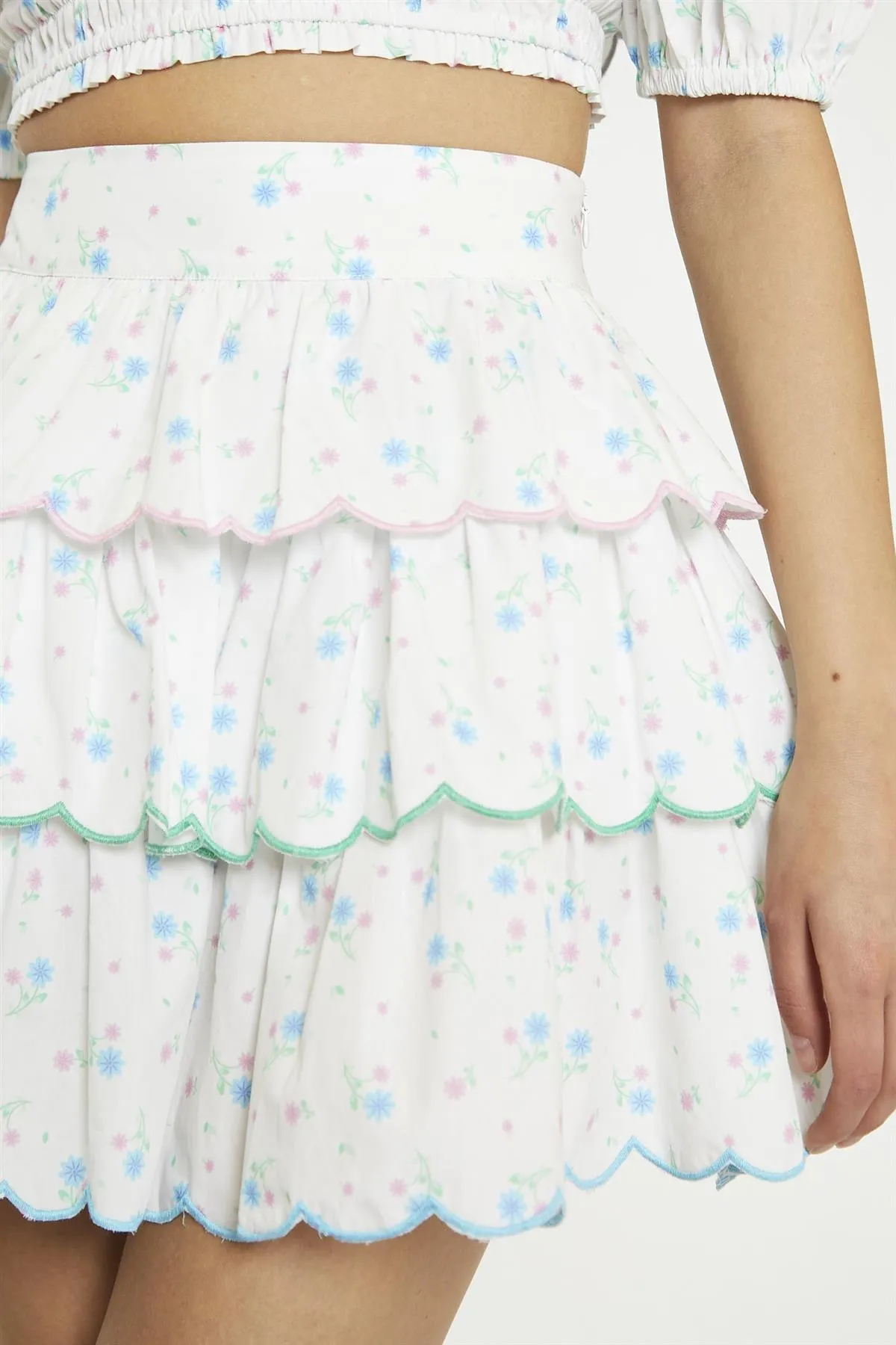 White Blue Pink Ditsy Tiered Mini-Skirt