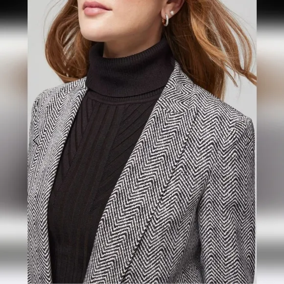 White House Black Market Herringbone Print Ecru The Relaxed Blazer Jacket Sz 10