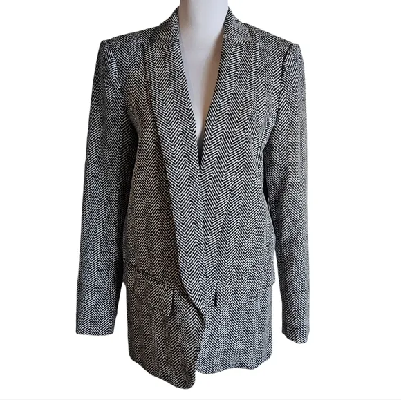 White House Black Market Herringbone Print Ecru The Relaxed Blazer Jacket Sz 10