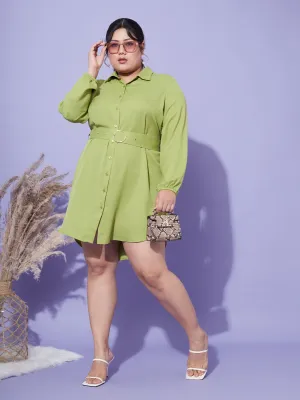 Women Green Front Open Button Shirt Dress