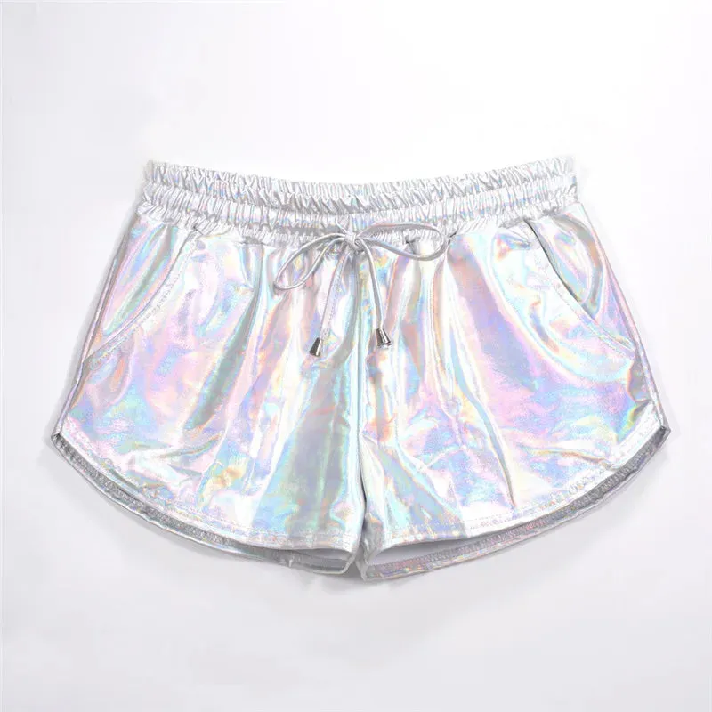 Women Shiny Metallic Hot Shorts Holographic Wet Look Casual Solid Elastic Drawstring Festival Rave Booty Shorts 2022 Summer New