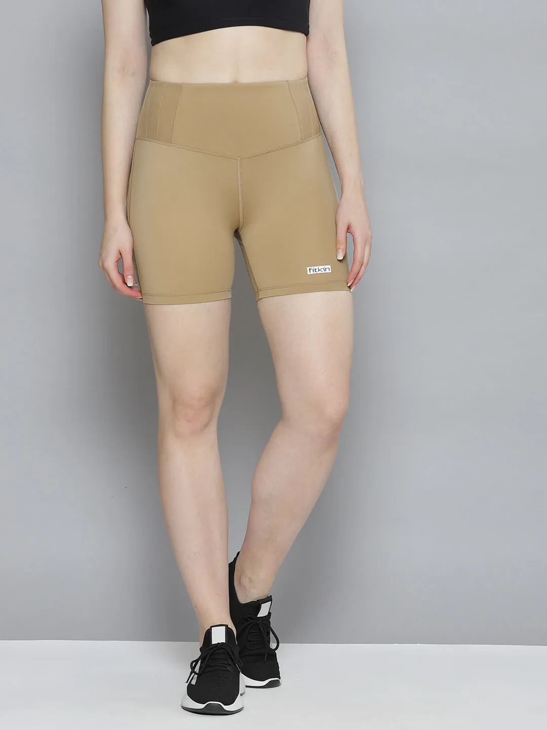 Women's Beige Solid Slim Fit High-Rise Sports Shorts
