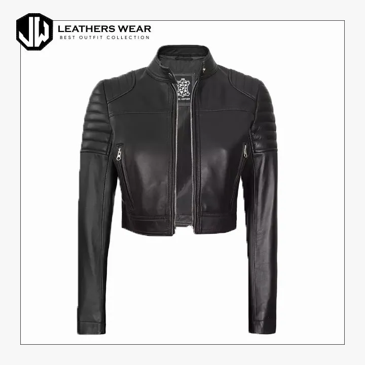 Womens Bomber Moto Cropped Leather Jacket