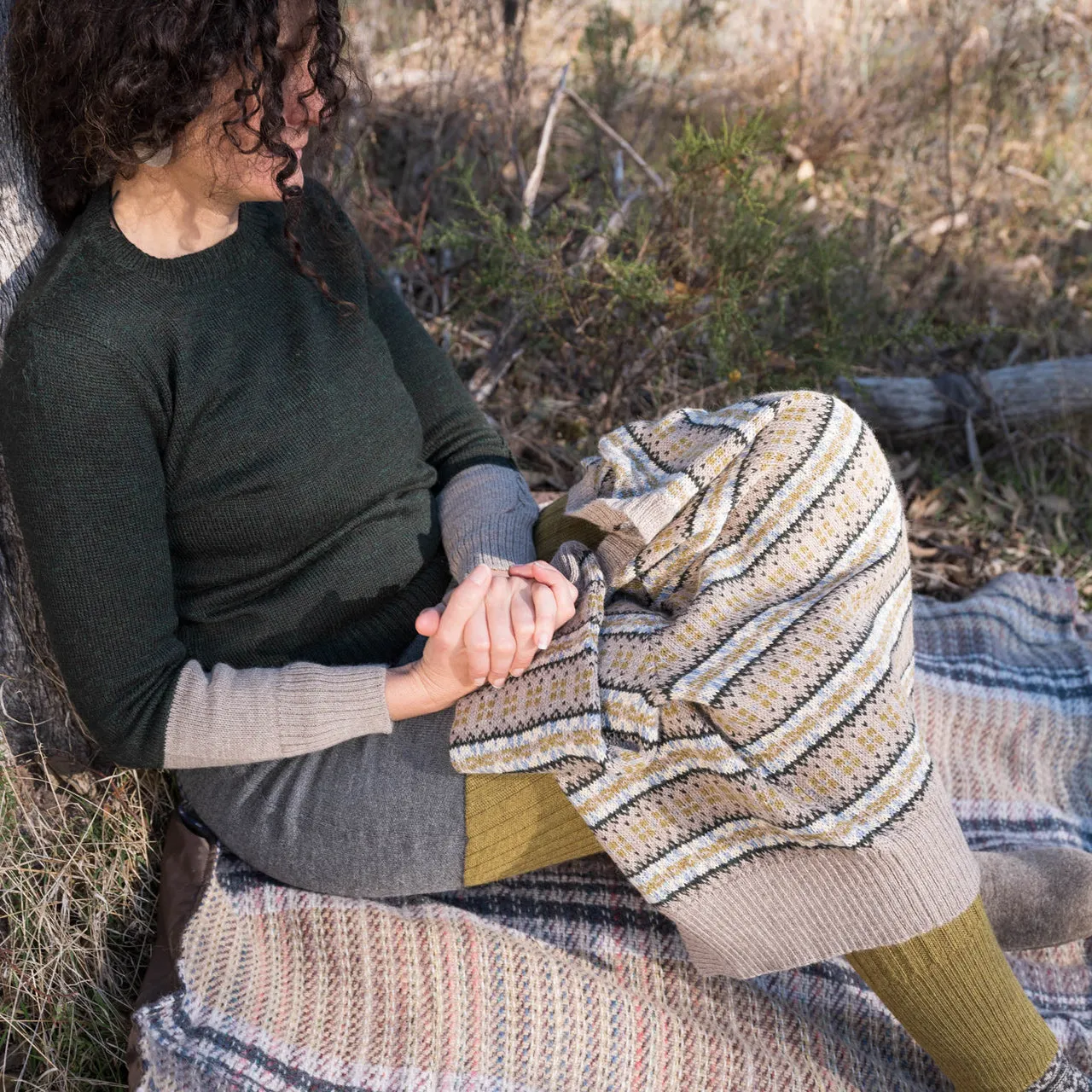 Women's Cable Colour Block Jumper - 100% Baby Alpaca - Rust Melange (S-M)