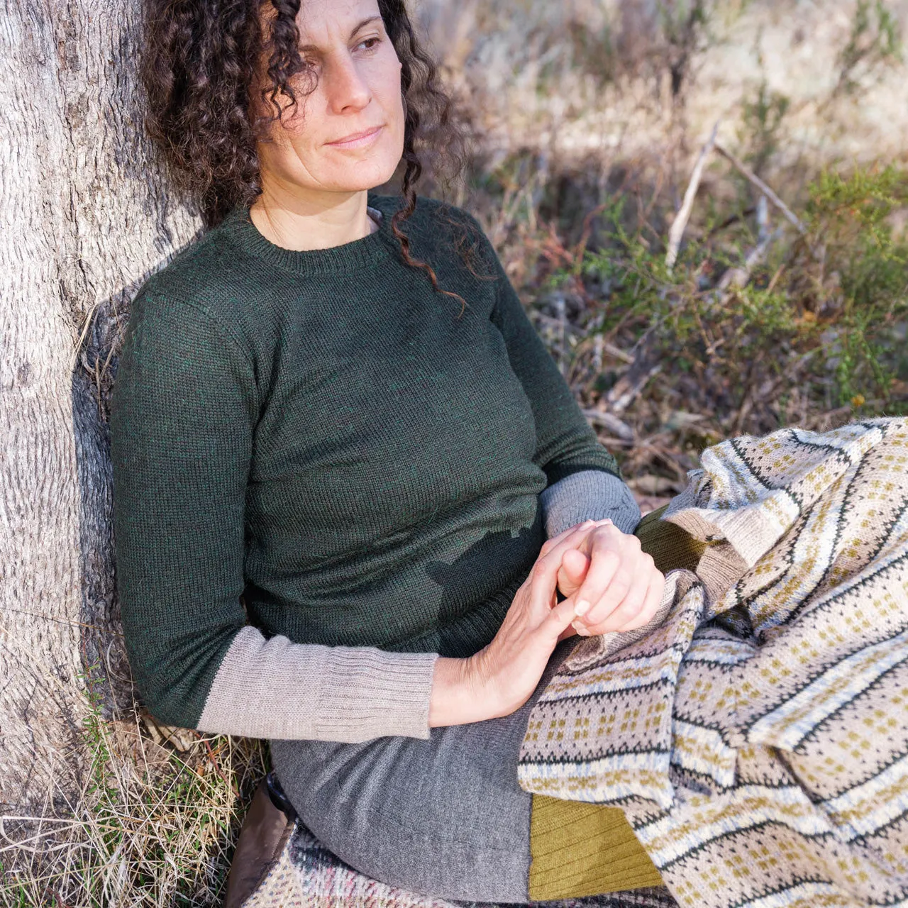 Women's Cable Colour Block Jumper - 100% Baby Alpaca - Rust Melange (S-M)