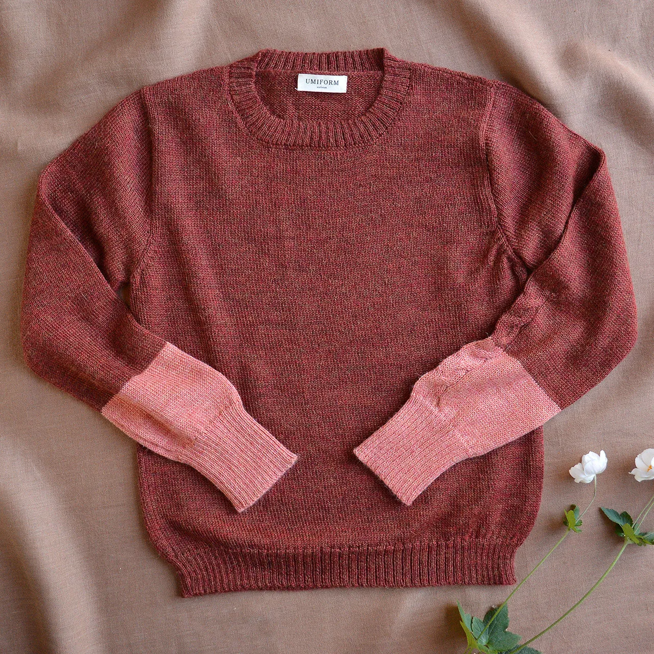 Women's Cable Colour Block Jumper - 100% Baby Alpaca - Rust Melange (S-M)