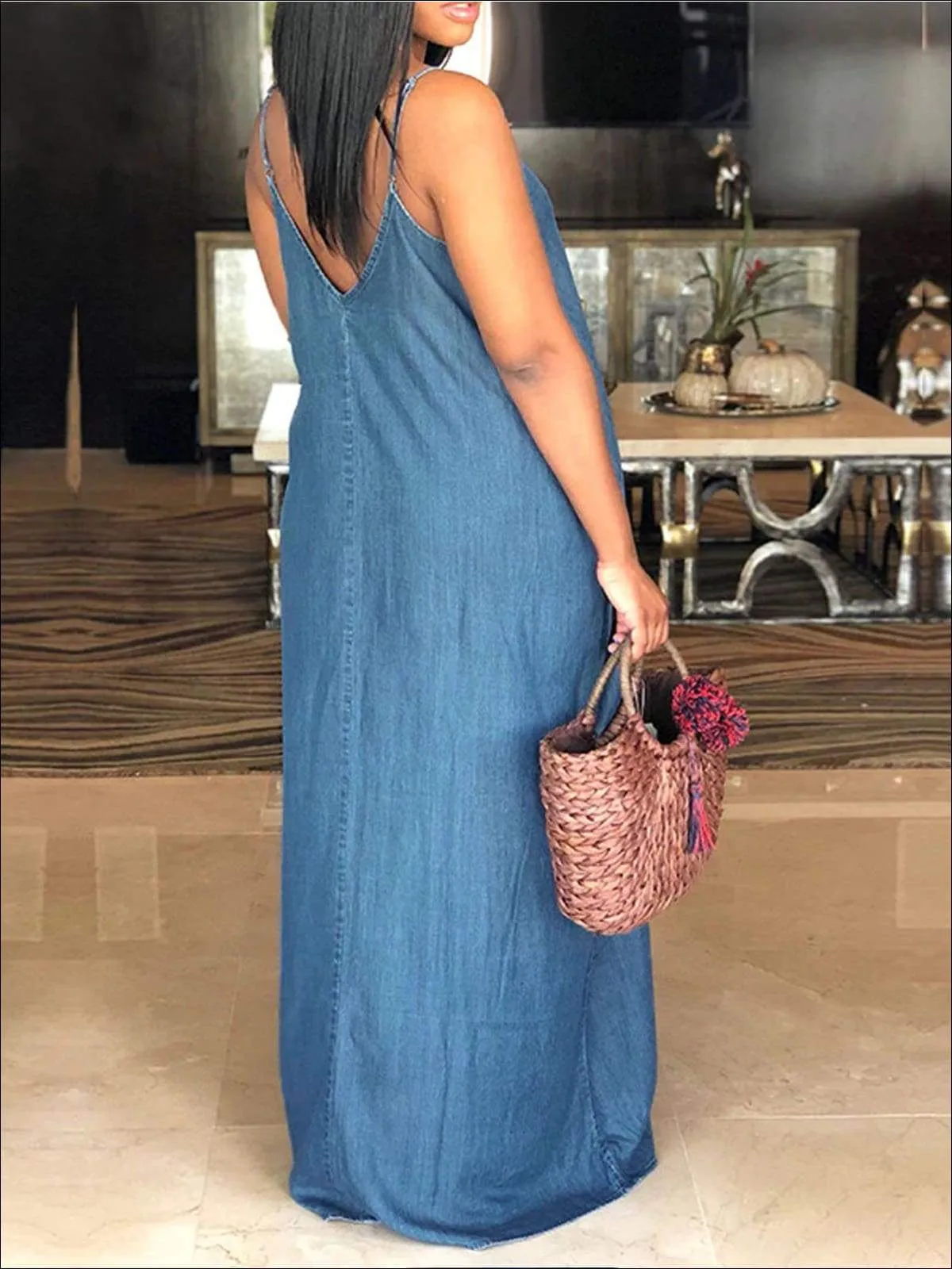 Women's Denim Plus Size Maxi Dress With Side Pocket