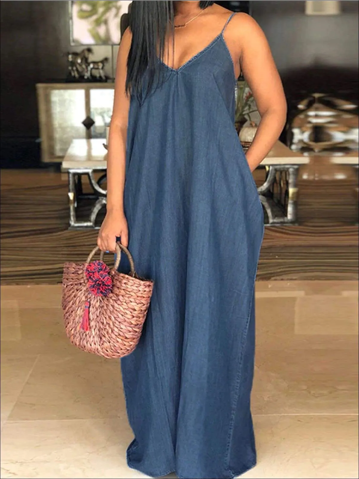 Women's Denim Plus Size Maxi Dress With Side Pocket