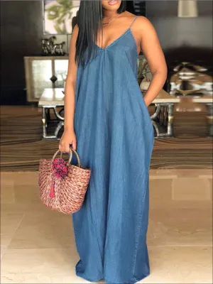Women's Denim Plus Size Maxi Dress With Side Pocket