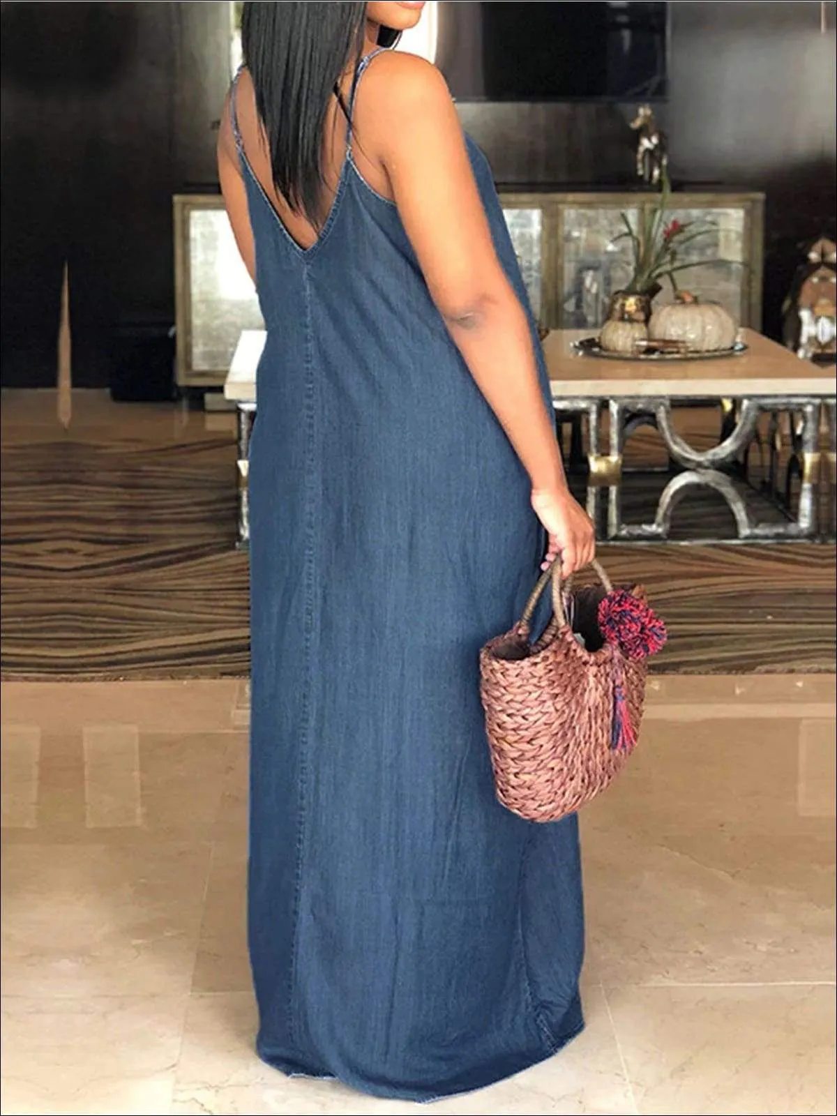 Women's Denim Plus Size Maxi Dress With Side Pocket