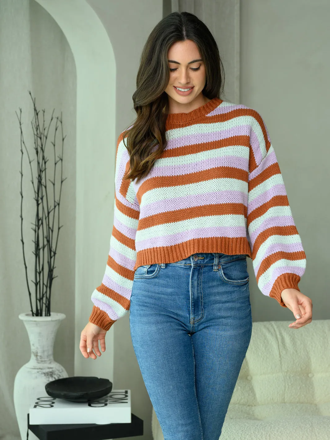WOMEN'S LONG SLEEVE MULTI STRIPES SWEATER