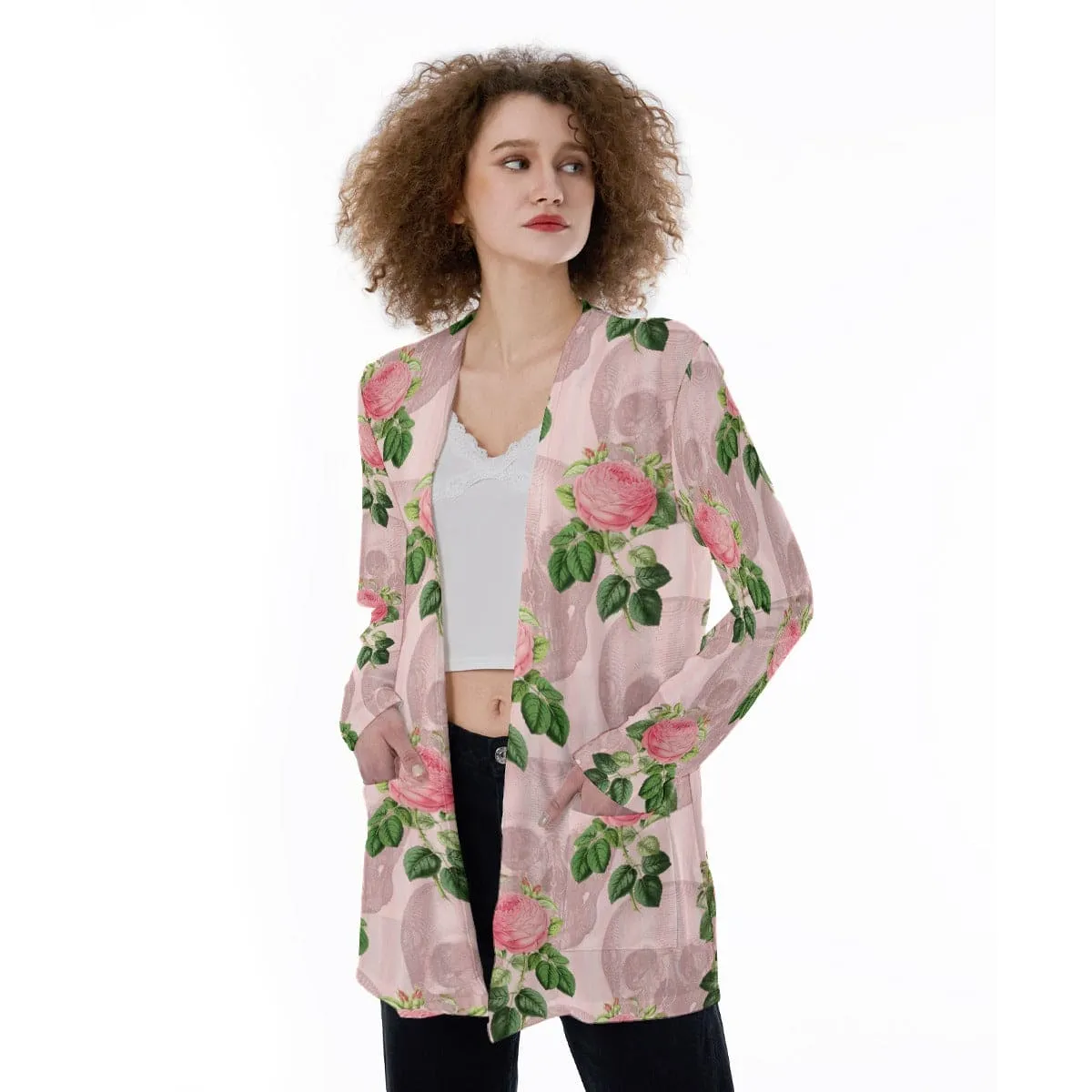 Women's Pink Skull Floral Patch Pocket Cardigan