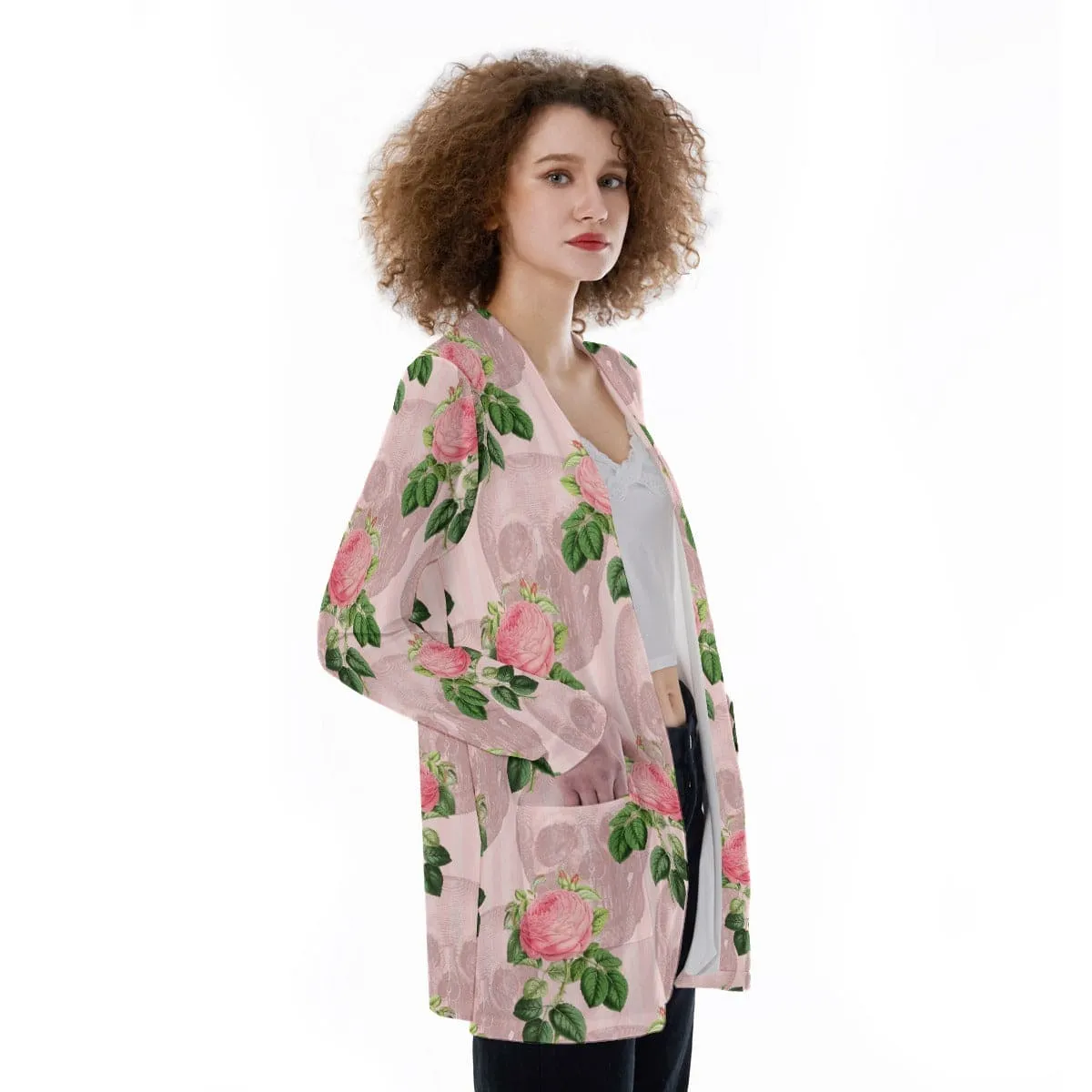 Women's Pink Skull Floral Patch Pocket Cardigan