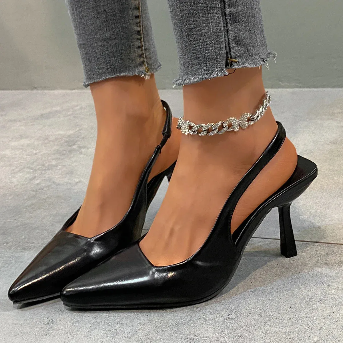 Womens Summer Pointed Toe Simple Solid Color High Heels PU Leather Outdoor Casual Party Dress