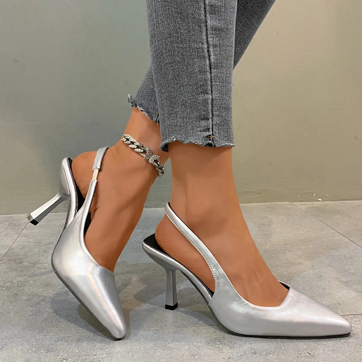 Womens Summer Pointed Toe Simple Solid Color High Heels PU Leather Outdoor Casual Party Dress