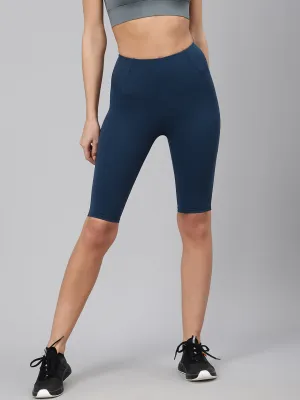 Women's Teal Blue Slim Fit High-Rise Solid Cycling Shorts