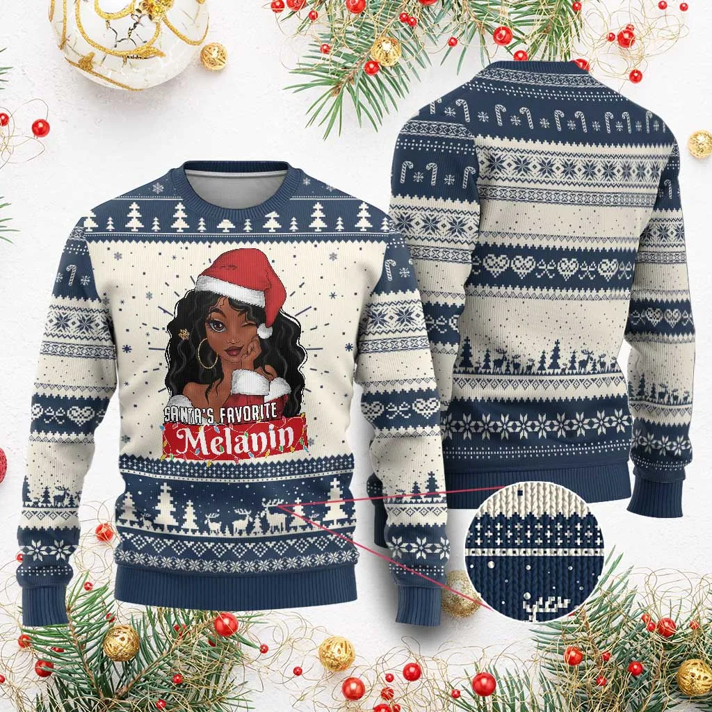Xmas African American Ugly Christmas Sweater Santa's Favorite Melanin Black Santa Girl TS11