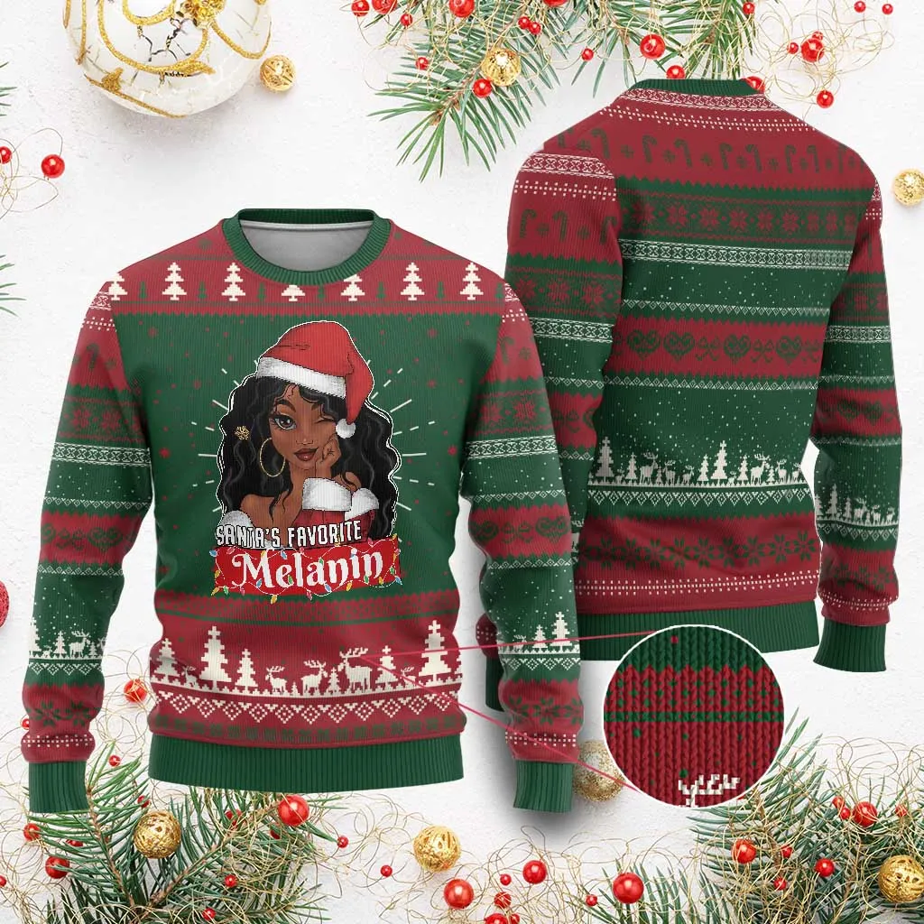 Xmas African American Ugly Christmas Sweater Santa's Favorite Melanin Black Santa Girl TS11