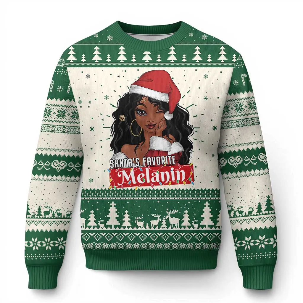 Xmas African American Ugly Christmas Sweater Santa's Favorite Melanin Black Santa Girl TS11