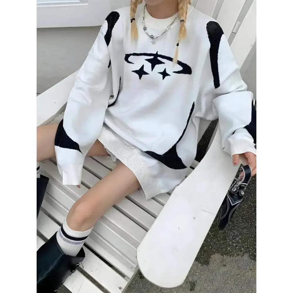 Y2K Knitted Sweater with Futuristic Star Design for Winter Style