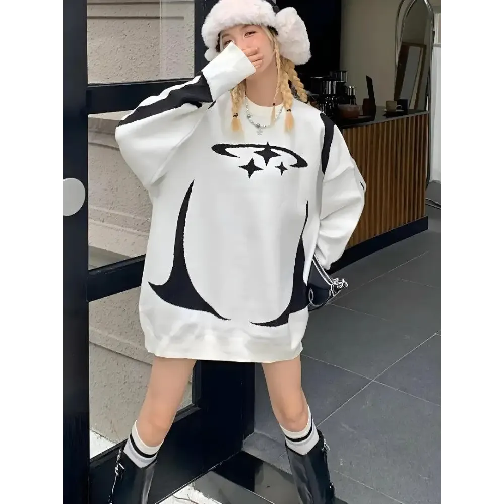 Y2K Knitted Sweater with Futuristic Star Design for Winter Style